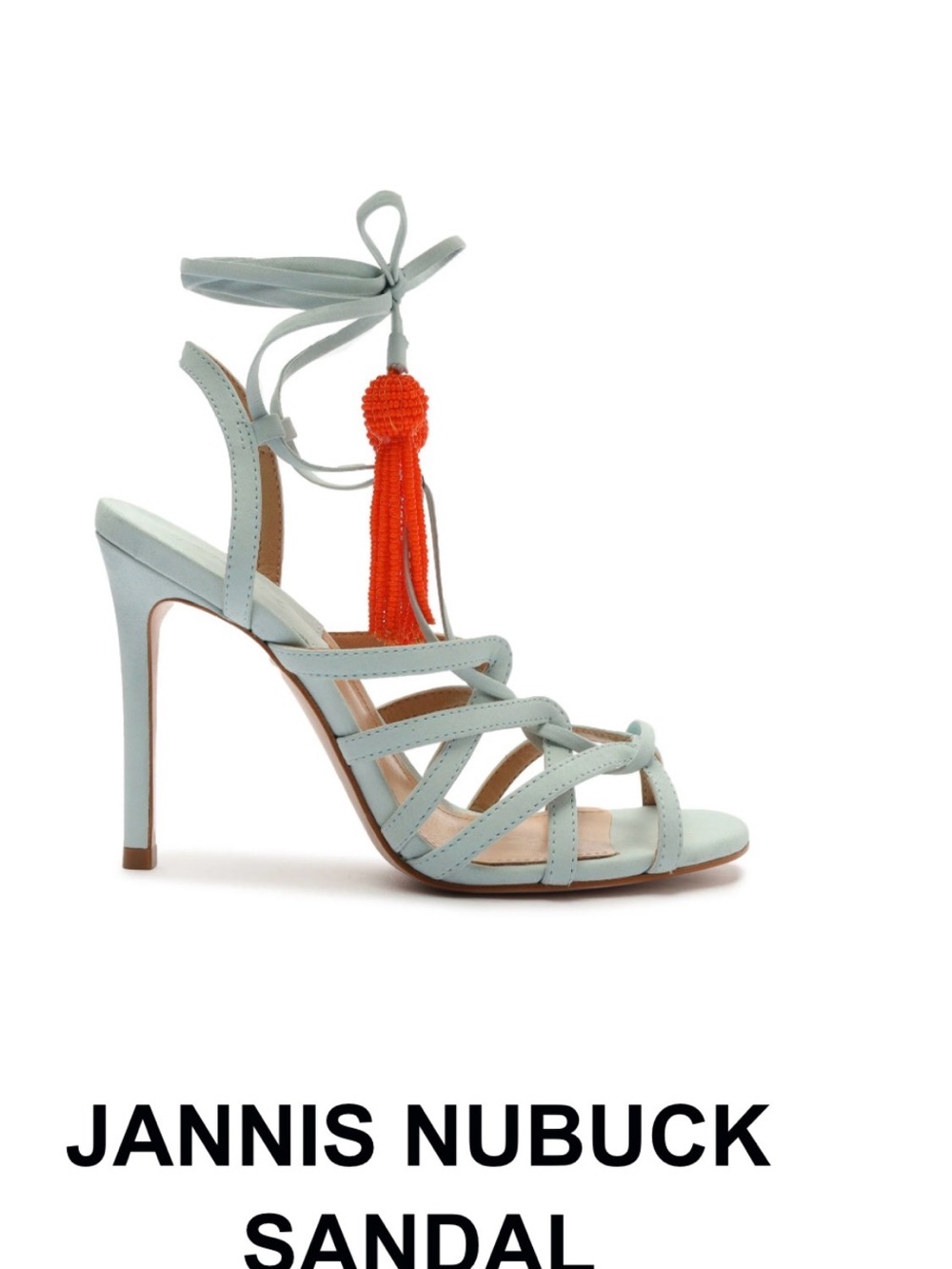 SCHUTZ  Nubuck powder blue Lace-Up Sandals with Orange Tassel beaded Accents.